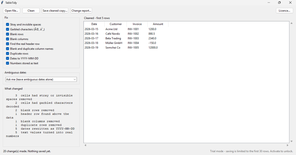 The same file after cleaning: correct headers, ISO dates, real numbers, repaired names, and a panel listing 20 changes.